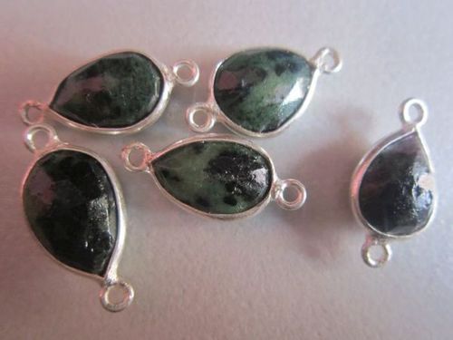 NATURAL GREEN RUBY ZOSITE PEAR STERLING SILVER 5 PCS CONNECTORS 9X11MM TO 10X12MM 