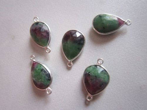 Green Natural  Ruby Zosite Pear Sterling Silver 5 Pcs Connectors  14X16Mm To 12X16Mm 58.50 Cts 
