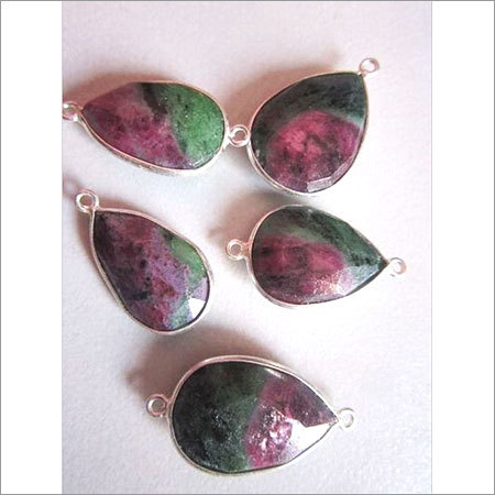 Green Natural  Ruby Zosite Pear Sterling Silver 5 Pcs Connectors  12X17Mm To 13X17Mm 54.50 Cts 