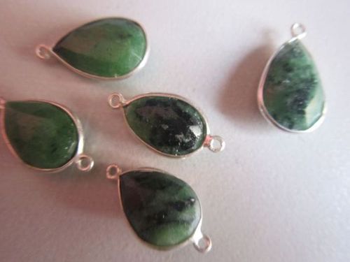Green Natural  Ruby Zosite Pear Sterling Silver 5 Pcs Connectors  12X16Mm To 13X17Mm 57.60 Cts 