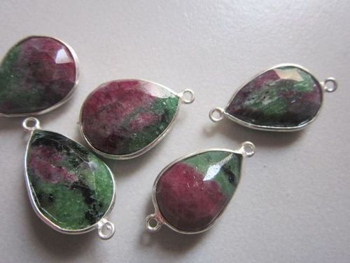Red And Green Natural  Ruby Zosite Pear Sterling Silver 5 Pcs Connectors  14X18Mm To 13X17Mm 64.50Cts 