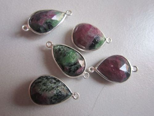 Red And Green Natural  Ruby Zosite Pear Sterling Silver 5 Pcs Connectors  14X20Mm To 15X22Mm  99Cts 