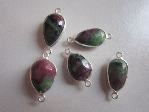 Red And Green Natural  Ruby Zosite Pear Sterling Silver 5 Pcs Connectors  16X20Mm To 14X20Mm 85Cts 