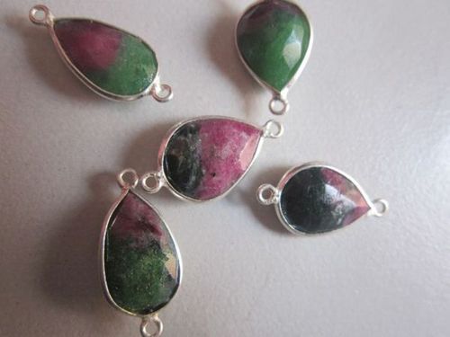 Red And Green Natural  Ruby Zosite Pear Sterling Silver 5 Pcs Connectors 12X18Mm To 14X17Mm 64Cts 