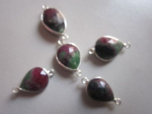 Red And Green Natural  Ruby Zosite Pear Sterling Silver 5 Pcs Connectors 12X16Mm To 13X16Mm 48Cts 