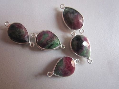 Red And Green Natural  Ruby Zosite Pear Sterling Silver 5 Pcs Connectors 12X15Mm To 10X14Mm 46Cts 
