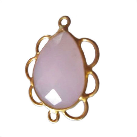 Rose Quartz Connector Bead - 1 Pcs Faceted Almond Pave Bezel, Gold Over Silver, Pear Shape, Rose Pink Color