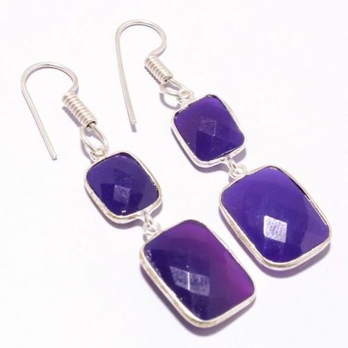 Purpal 2 Pcs Purple Chalcedony Rectangle Shape 1 Pair Ready To Wear Earrings