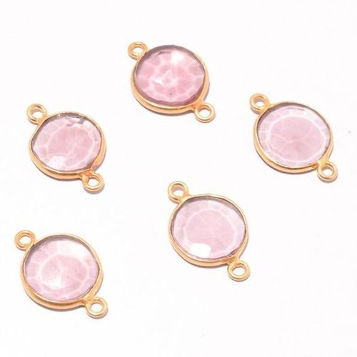 Round 5 Pcs Pink Quartz Coin Shape Gold Plated 2 Loop Connectors