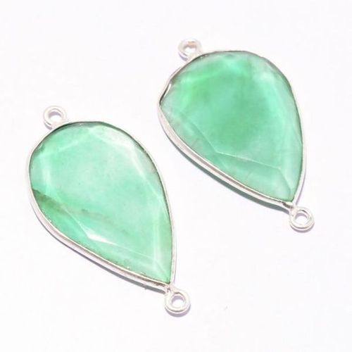 2pcs Green quartz  pear shape silver plated 2 loop connectors 