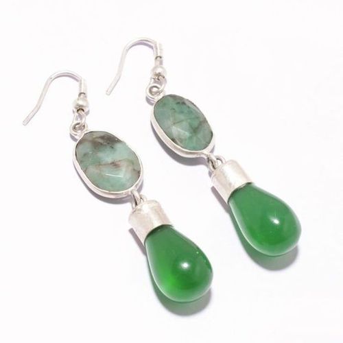 Green 1 Pcs Emerald Connector & 1 Pcs Onyx Drops Ready To Wear Earrings 