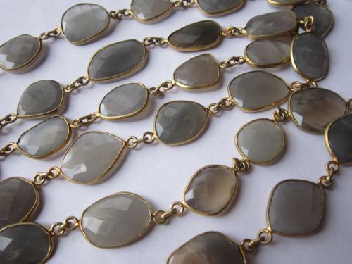 Natural Gray Moonstone Irregular Size Connector Chain 30 Inch Gold Plated 