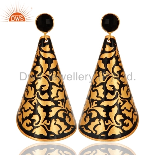 18K Gold Plated Brass Enamel Earrings - 30mm x 15mm, Black, Dangler Style, Elegant Design, Luxury Appeal