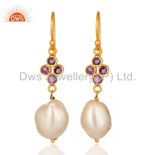 Amethyst & Pearl 14K Gold On Sterling Silver Earrings