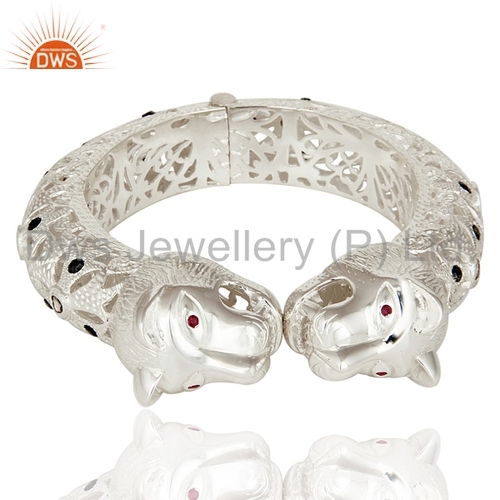 925 Silver Lion Bangle - Round Brilliant Cut Pave Diamond and Ruby Accents | Exquisite Artistry and Luxurious Detail