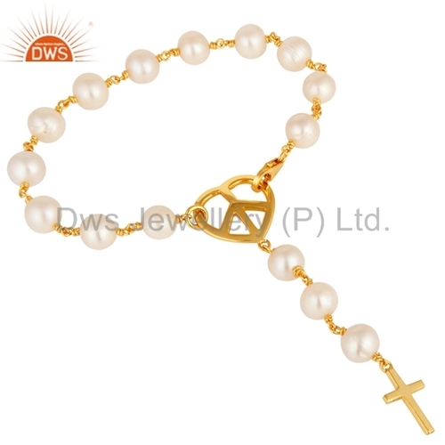 18K Gold Plated Sterling Silver Pearl Bead Charm Bracelet