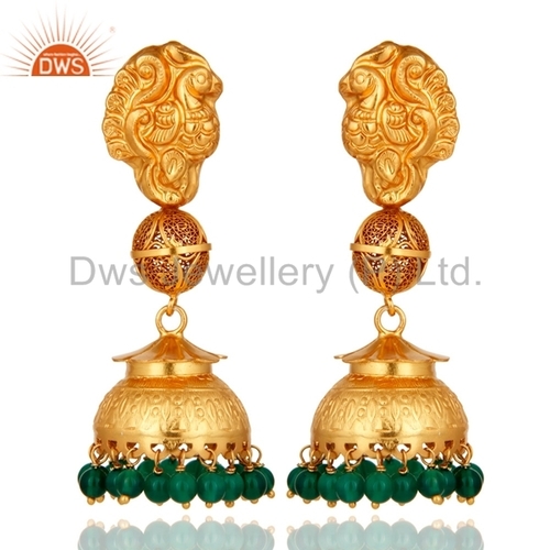 Traditional Gold Plated Silver Gemstone Jhumka Earrings Jewelry For Womens Size: 64 X 23 Mm
