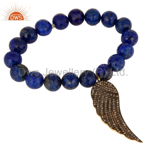 Lapis Lazuli Pave Diamond 18K Gold On Sterling Silver Wing Charm Bracelet