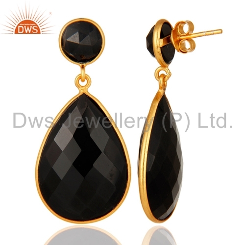 925 Silver Gold Plated Earrings - Natural Black Onyx Gemstone | Wholesale Jewelry Manufacturer, Elegant Design