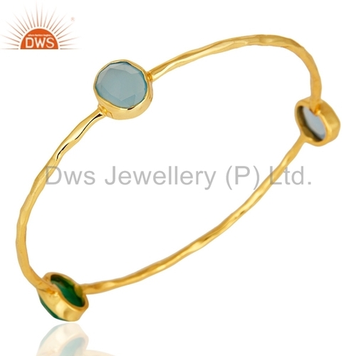 14K Gold Vermeil Bangle, Adjustable Size, Green Onyx & Blue Chalcedony | Elegant Luxury Gemstone Bracelet