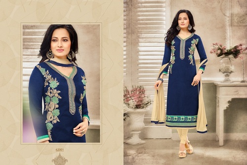 Designer Chanderi Straight Suit - Chanderi Fabric Top, Santoon Bottom, Nazneen Dupatta | Multi-Color, Embroidered Pattern, Thread Work, Bollywood Style, Suitable for All Seasons