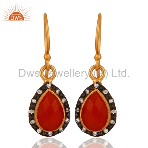 Red Onyx 22K Gold Plated Earring - Gold Over Silver, Red Onyx Stone, Semi-Precious Gemstone