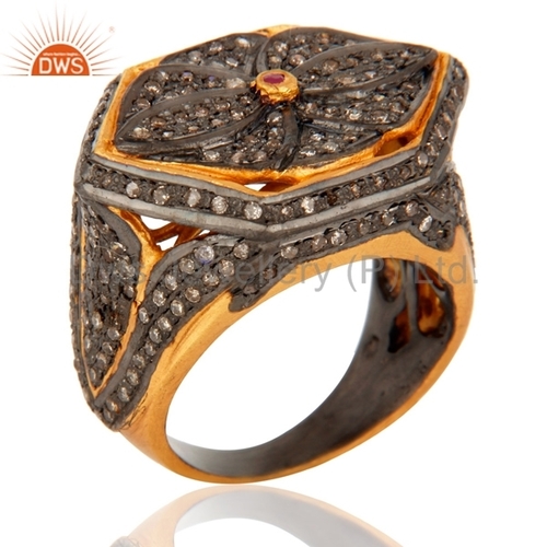 Pave Diamond 925 Silver Ruby Ring - Round Brilliant Cut , Luxurious Wedding Jewelry