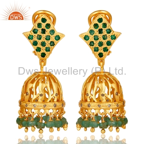 Round Brilliant Cut Silver Diamond Gold Plated Emerald Earring Jewelry