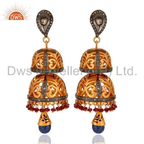 Round Brilliant Cut 925 Silver Pave Diamond Jhumakas Earrings Jewelry