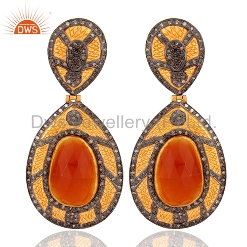 Round Brilliant Cut Onyx Gemstone Designer Pave Diamond Earring
