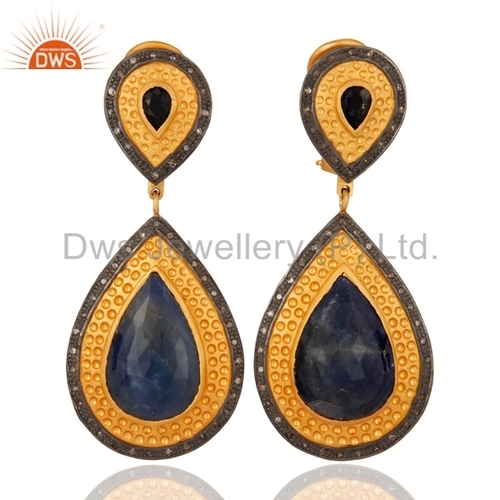 Round Brilliant Cut Blue Sapphire Gemstone Designer Diamond Earrings