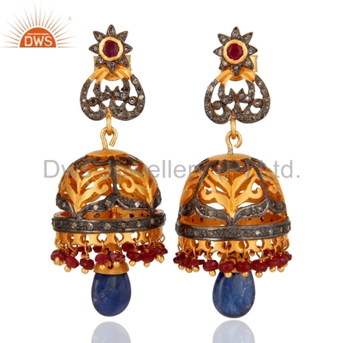 Silver Pave Diamond Earrings - Round Brilliant Cut, Exquisite Blue Sapphire Accent, Fashionable and Classy Design