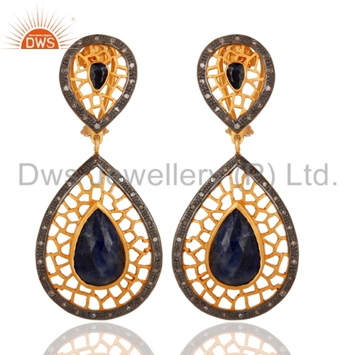 Round Brilliant Cut 925 Silver Pave Diamond Sapphire Earring