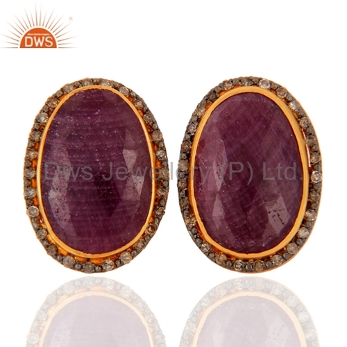 Designer 925 Silver - Natural Ruby Gemstone Stud Earrings , Pave Diamond Accent Design
