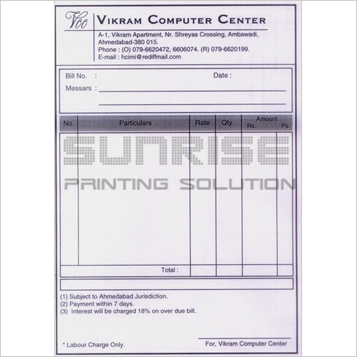 Sunrise Printing Bill Book