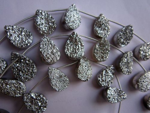 Pear Cut Silver  Coated Druzy 11 Pcs. Beads 11X16Mm 10X18Mm To 12X17Mm  115Cts 