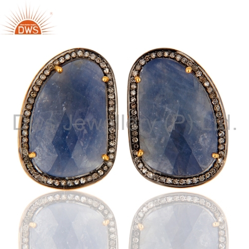 925 Silver - Round Brilliant Cut Pave Diamond and Blue Sapphire Earrings | Elegant Design, Luxurious Sparkle