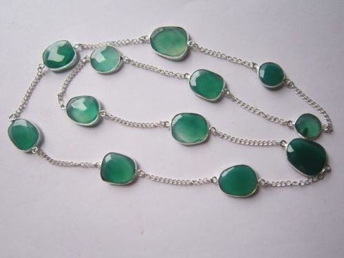 Green Onyx Bezel Connector - 24 Inches, 12 Pieces 11mm-18mm Chain | White Gold, Dichroic Effects, 10-30 Grams