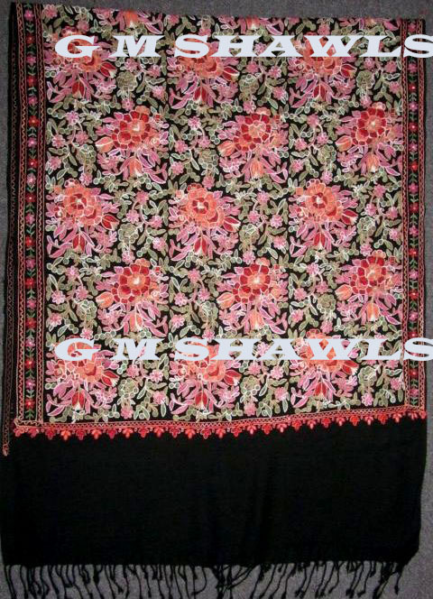 Ari Stole - Wool, 70x180 cm, Black | Embroidered Floral, Warmth, Softness, Elegance