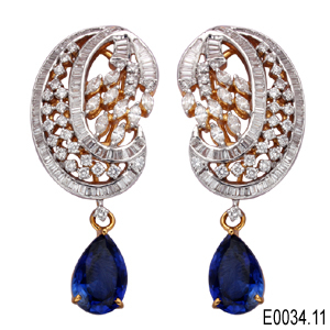 Diamond Earrings - 18K Gold, 15x10 mm, Rhodium Plated | Baguette & Round Diamonds, Sapphire Drops, Elegant Drop Style