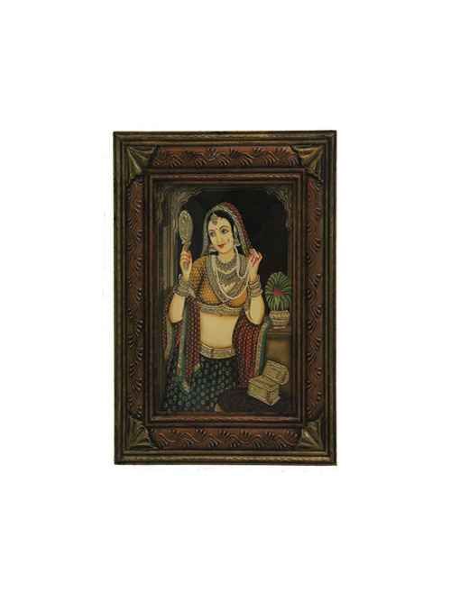 Rajasthani Lady Doing Sringar with Mirror in hand