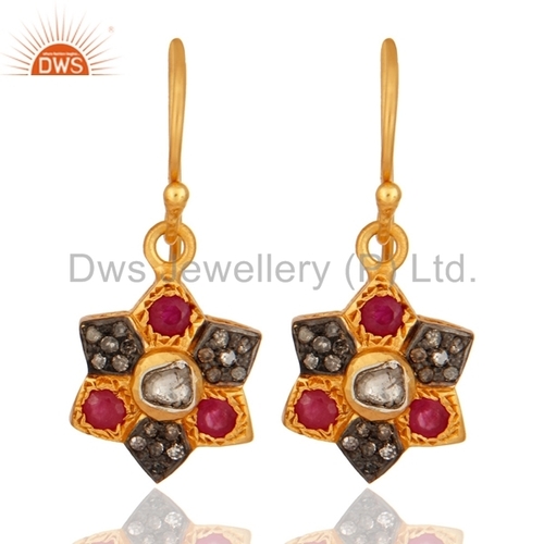 Rose Cut Diamond & Ruby Earring - 925 Silver, Round Brilliant Cut Diamonds, Exquisite Clarity & Luster, Fashionable Ethnic Modern Blend