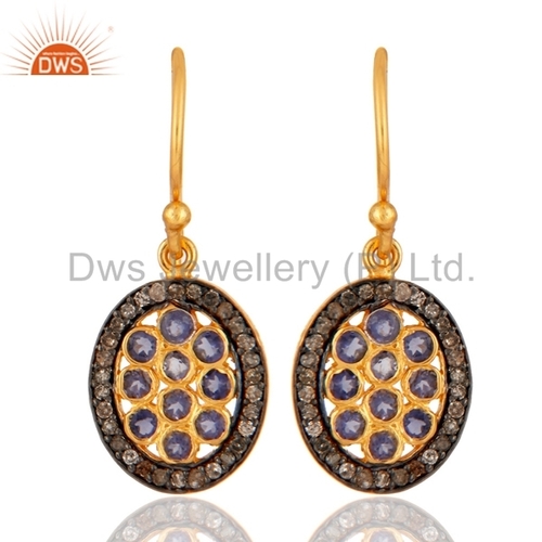 Round Brilliant Cut Designer Iolite Gemstone Pave Diamond Earrings