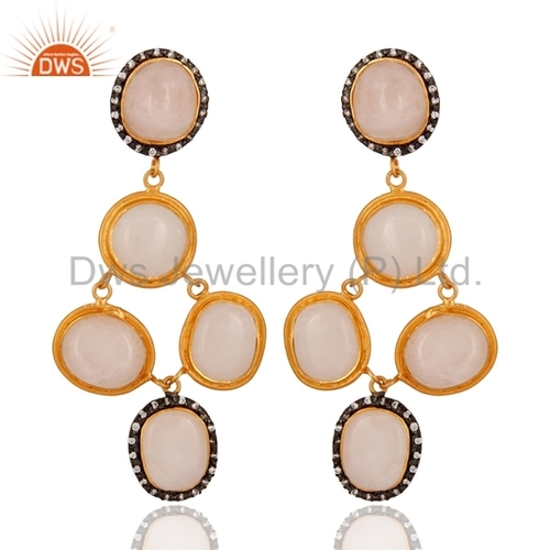 Gold Plated 925 Silver Rose Quartz Earring - 2 Inch, 5-10 gm | Elegant Dangle Style, Rose Quartz Stone