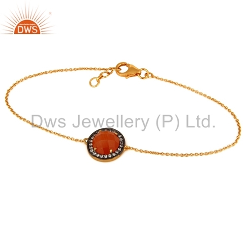Wholesale White Zircon Peach Moonstone Bracelet - Yellow Gold Plated Silver Chain, Fashion Jewelry for Unisex and Women, Ideal for Anniversary, Engagement, Gift, Party, Wedding