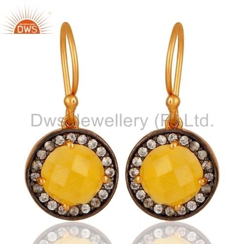 Yellow Moonstone CZ Gemstone Gold Plated Silver Earrings