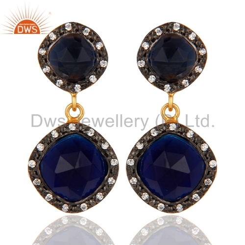 Gold Plated Blue Corrundum Sterling Silver Earring - 15x10 mm, 5g | Elegant Design, Pave Setting, Luxury Appeal