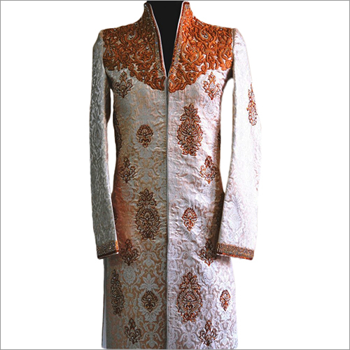 Sherwani - Silk, Customized Size, Light Yellow | Embroidered, Long Sleeve, Anti-Wrinkle, Breathable, Water Resistant, Elegant Design, Luxurious Look
