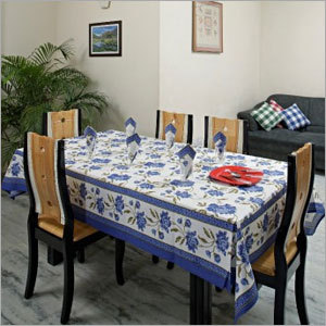 Exquisite Royal Blue White Floral Gold Print Table Cover Set