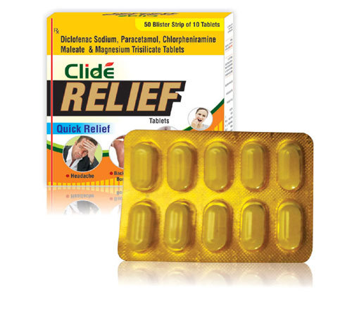 CLIDE RELIEF - Yellow Tablets, 50 Blister Strips of 10 | Diclofenac, Paracetamol, Chlorpheniramine, Multi-Symptom Pain & Fever